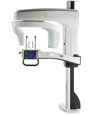A photo of a CBCT scanner, showing a rotating head over an arm that is used to position the patient.